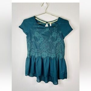 Xhilaration Women's Teal Lace Peplum Top Small Keyhole Back Chic Holiday Career